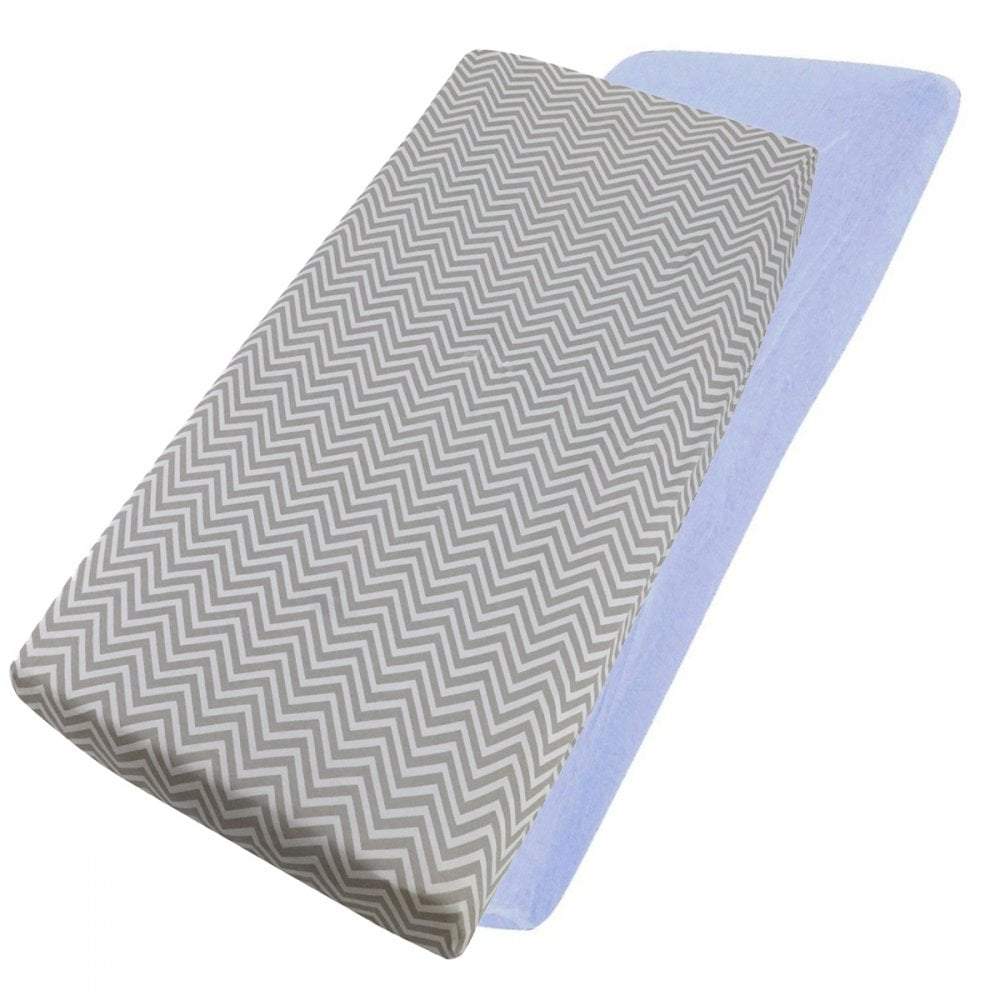 Grey chevron-patterned and blue cotton jersey crib fitted sheets on a white background