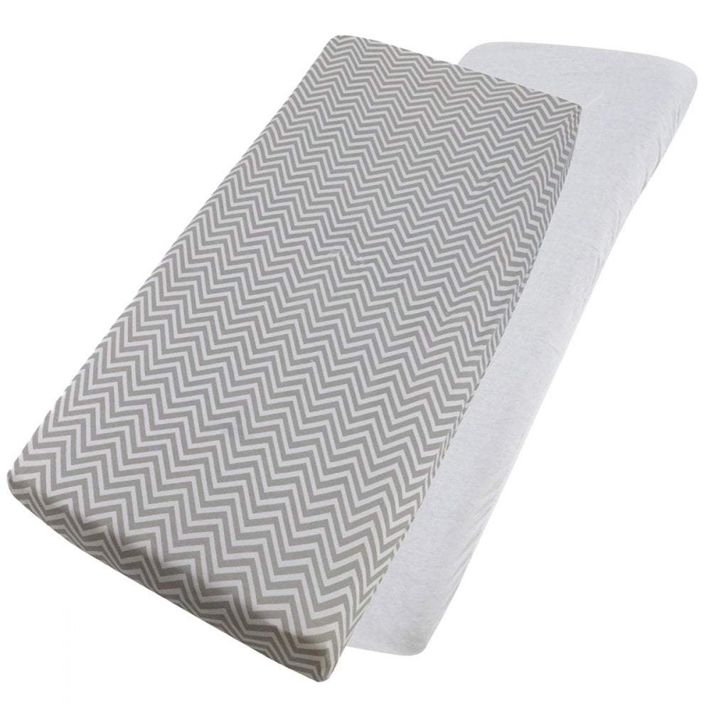 Grey chevron-patterned and white cotton jersey crib fitted sheets on a white background