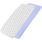 White star-patterned and blue cotton jersey crib fitted sheets on a white background