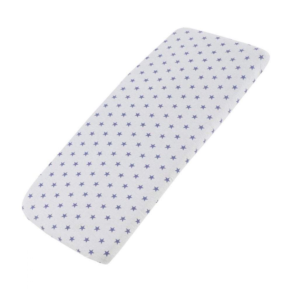 White star-patterned cotton jersey crib fitted sheet on a white background