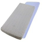 Grey star-patterned and blue cotton jersey crib fitted sheets on a white background
