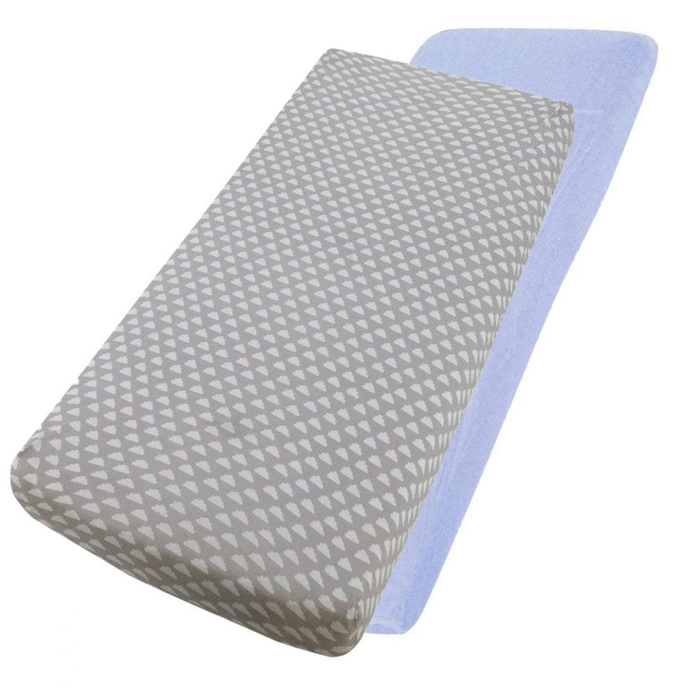 Grey star-patterned and blue cotton jersey crib fitted sheets on a white background