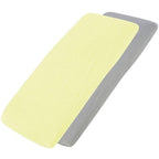 Yellow and grey cotton jersey crib fitted sheets on a white background