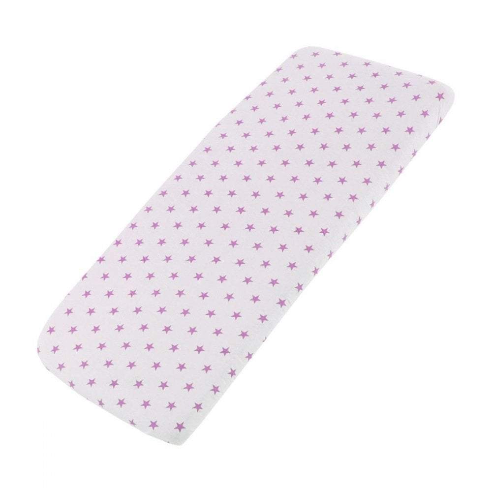 White pink-star-patterned cotton jersey crib fitted sheet on a white background