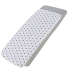 White blue-star-patterned and grey cotton jersey crib fitted sheets on a white background