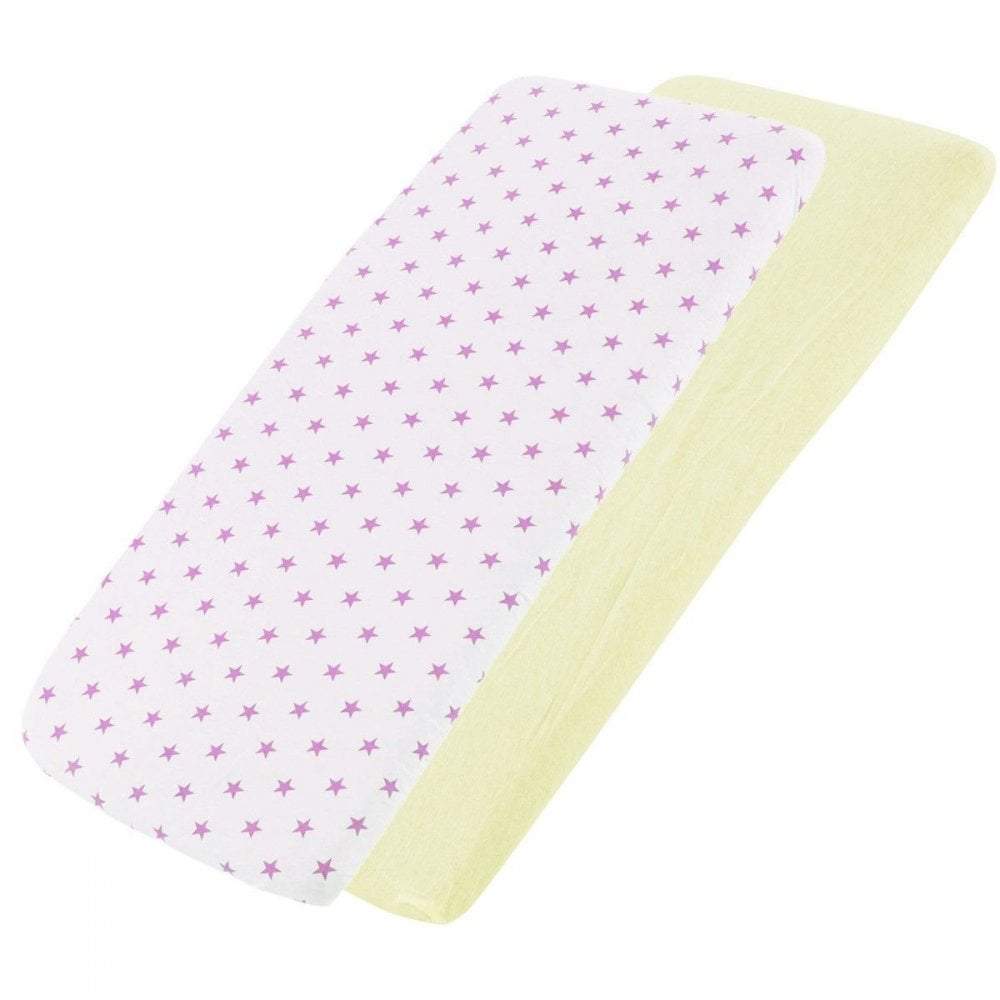 White pink-star-patterned and cream cotton jersey crib fitted sheets on a white background