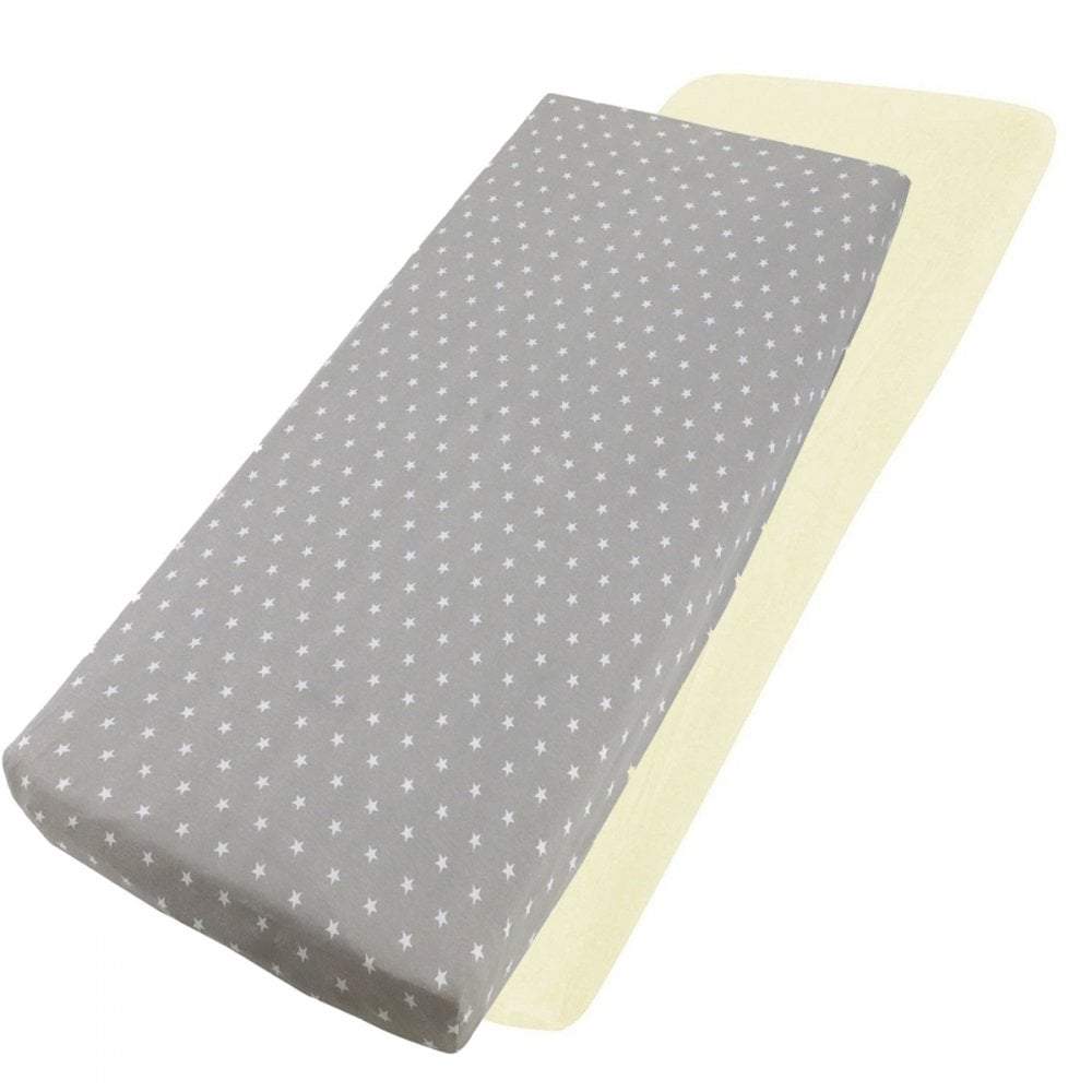 Grey dotted and cream cotton jersey crib fitted sheets on a white background