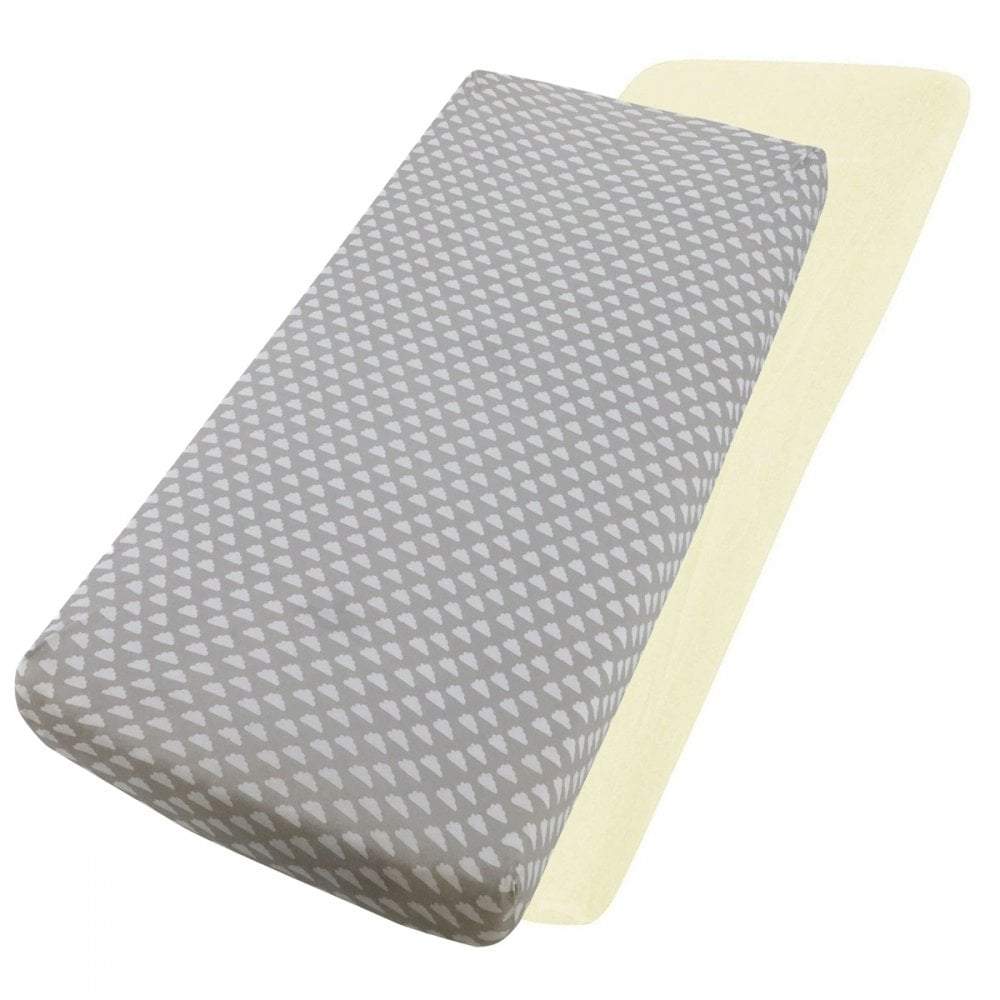 Grey star-patterned and cream cotton jersey crib fitted sheets on a white background