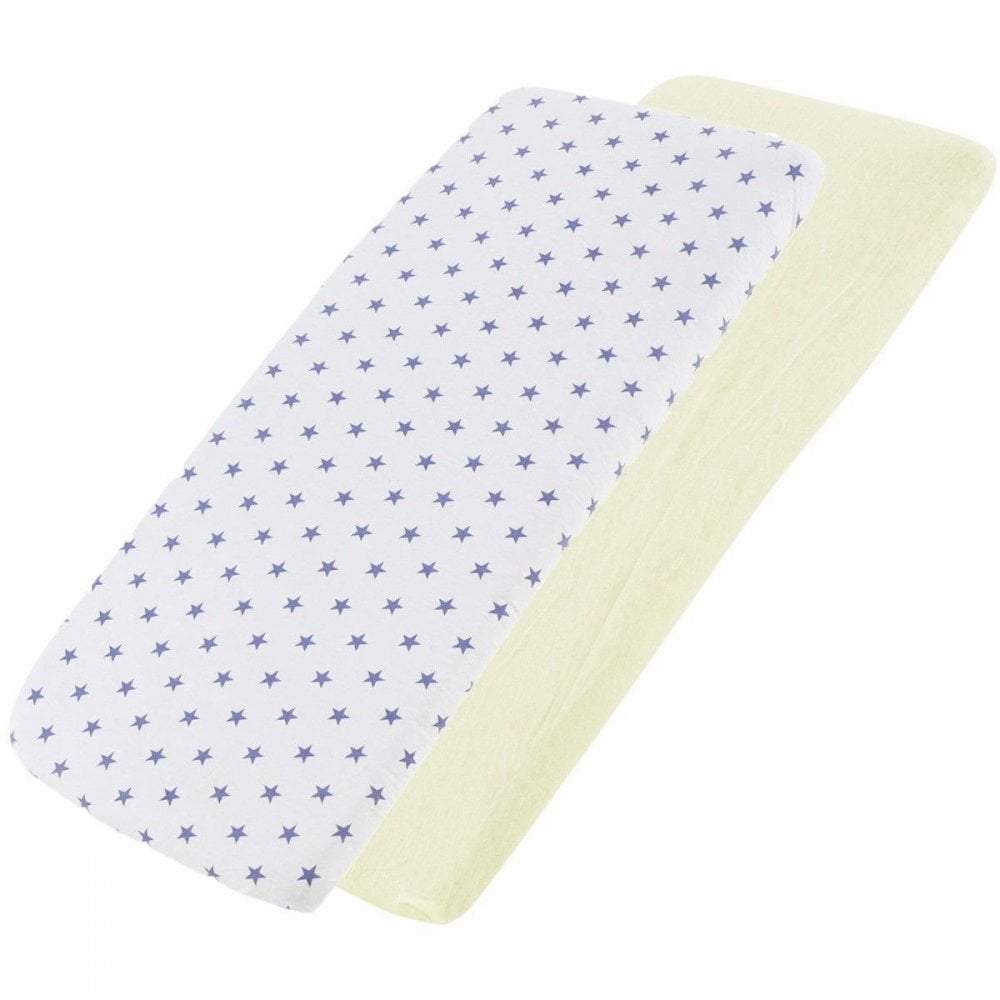 White star-patterned and yellow cotton jersey crib fitted sheets on a white background
