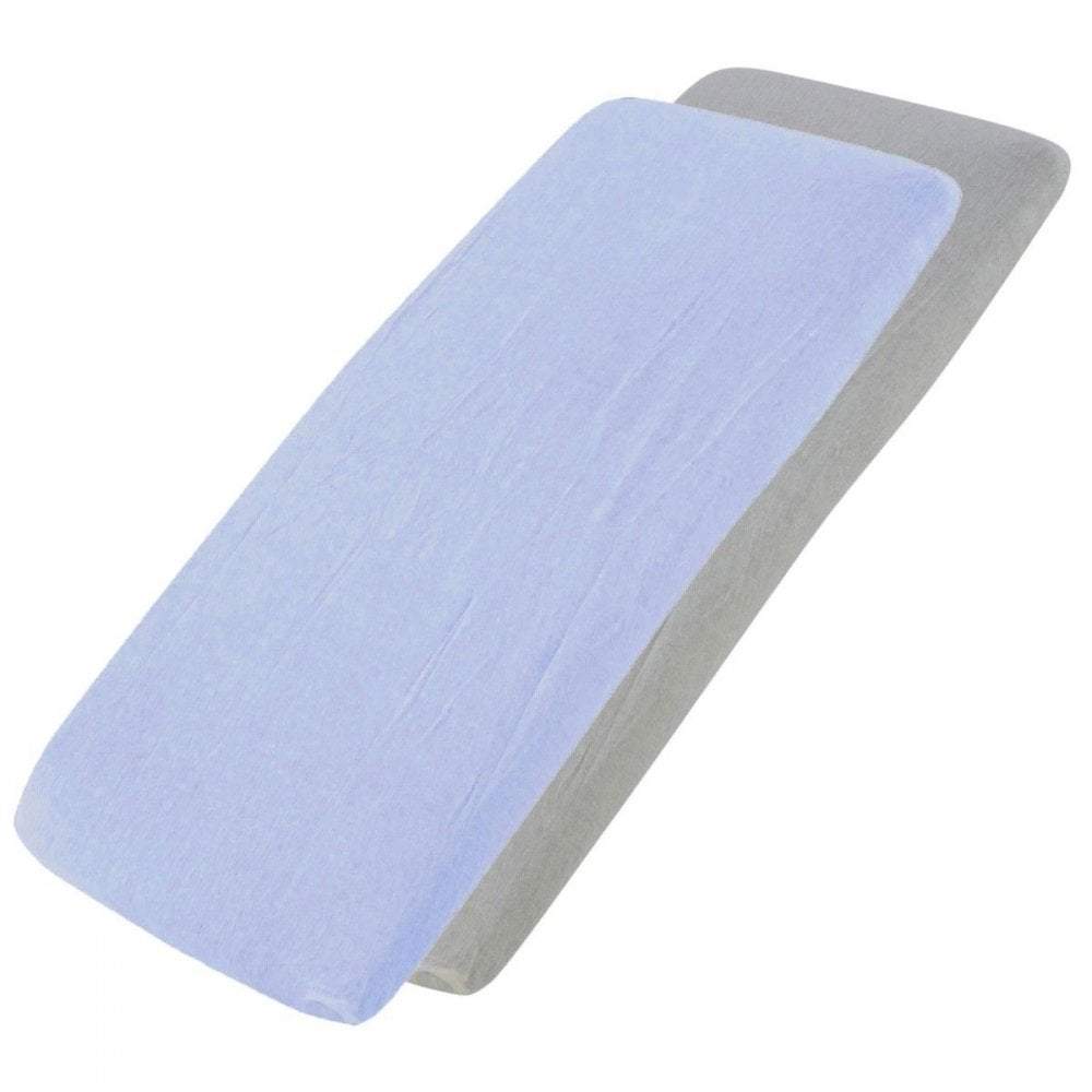 Blue and grey cotton jersey crib fitted sheets on a white background