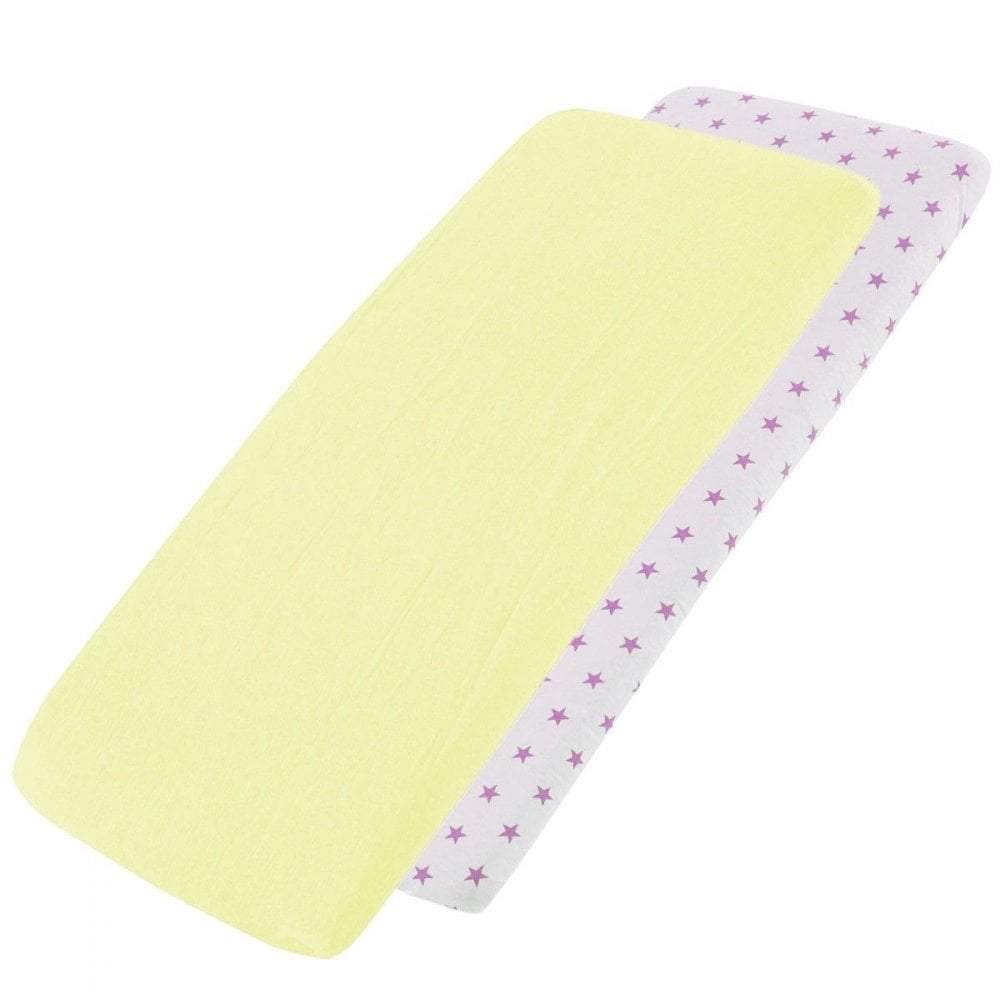 Yellow and white pink-star-patterned cotton jersey crib fitted sheets on a white background