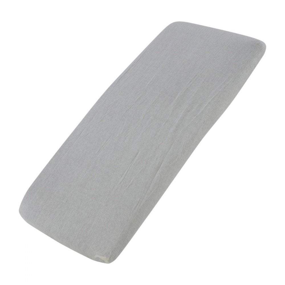 Grey cotton jersey crib fitted sheet on a white background