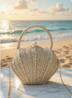 Shell Shape Raffia Clutch Woven Crossbody Shoulder Bag with Peal
