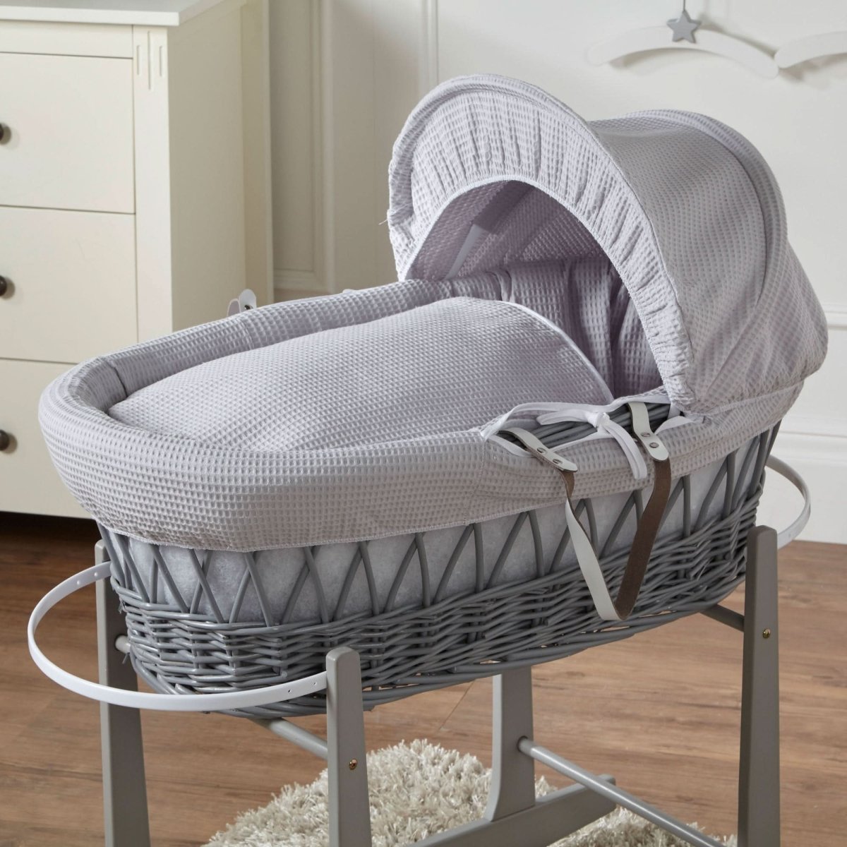 Grey Waffle Grey Wicker Baby Moses Basket With Stand