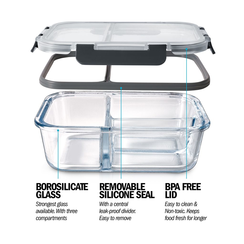 3-Compartment Glass Containers with Airtight Lids - 980ml - 3 PACK
