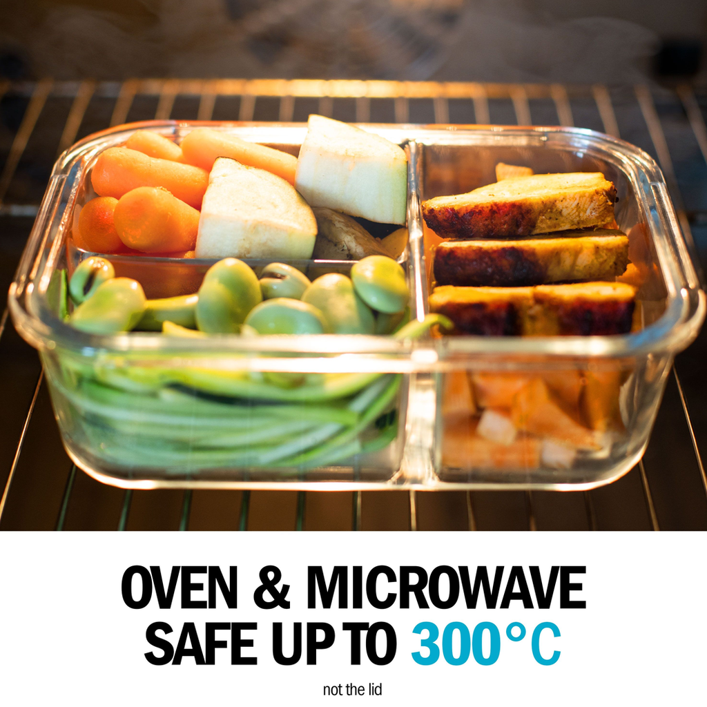 3-Compartment Glass Containers with Airtight Lids - 980ml - 3 PACK