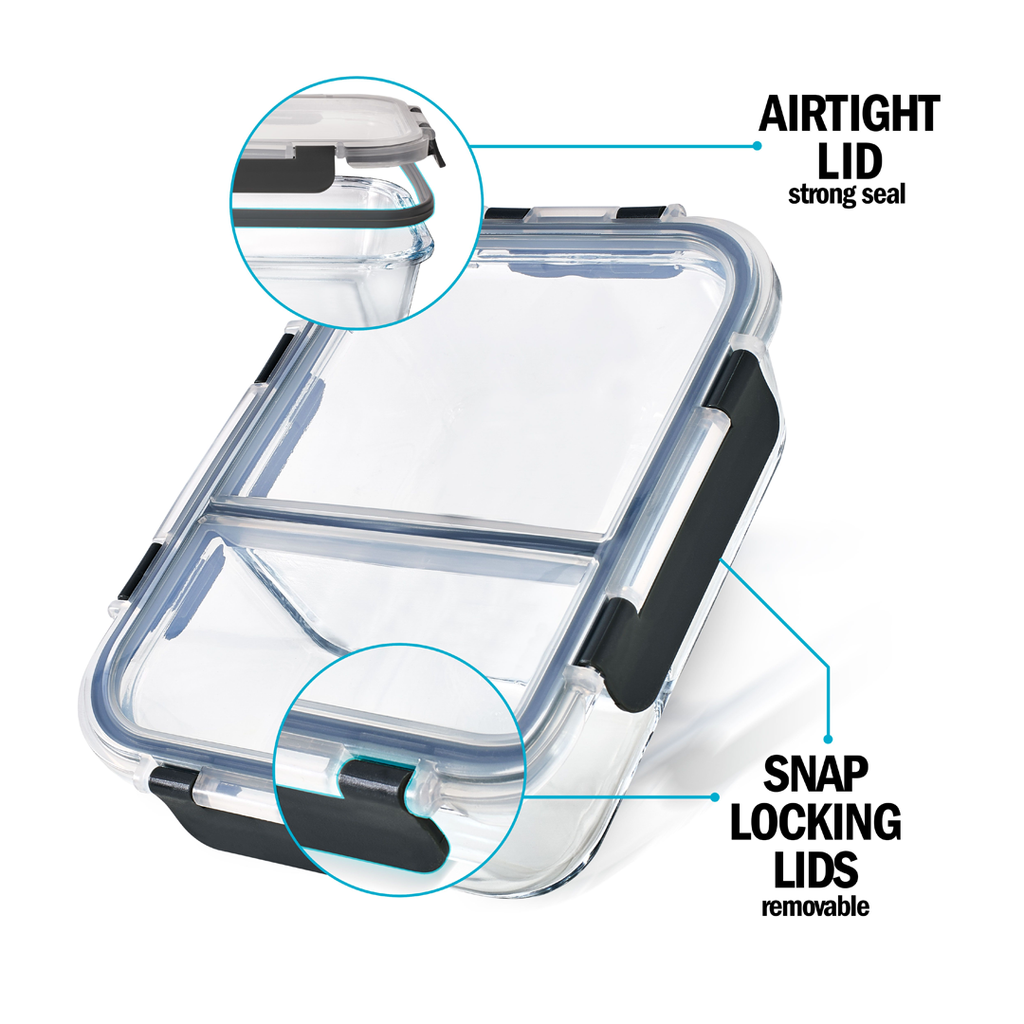 2-Compartment Glass Container with Airtight Lids - 980ml - 3 PACK