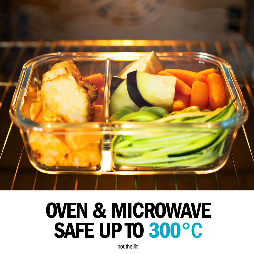 2-Compartment Glass Container with Airtight Lids - 980ml - 3 PACK