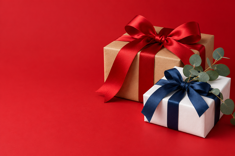 Wrapped gift boxes with red and navy ribbons