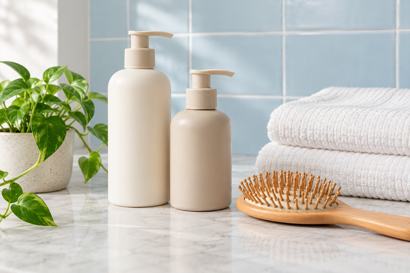 Haircare bottles, towels and a wooden brush