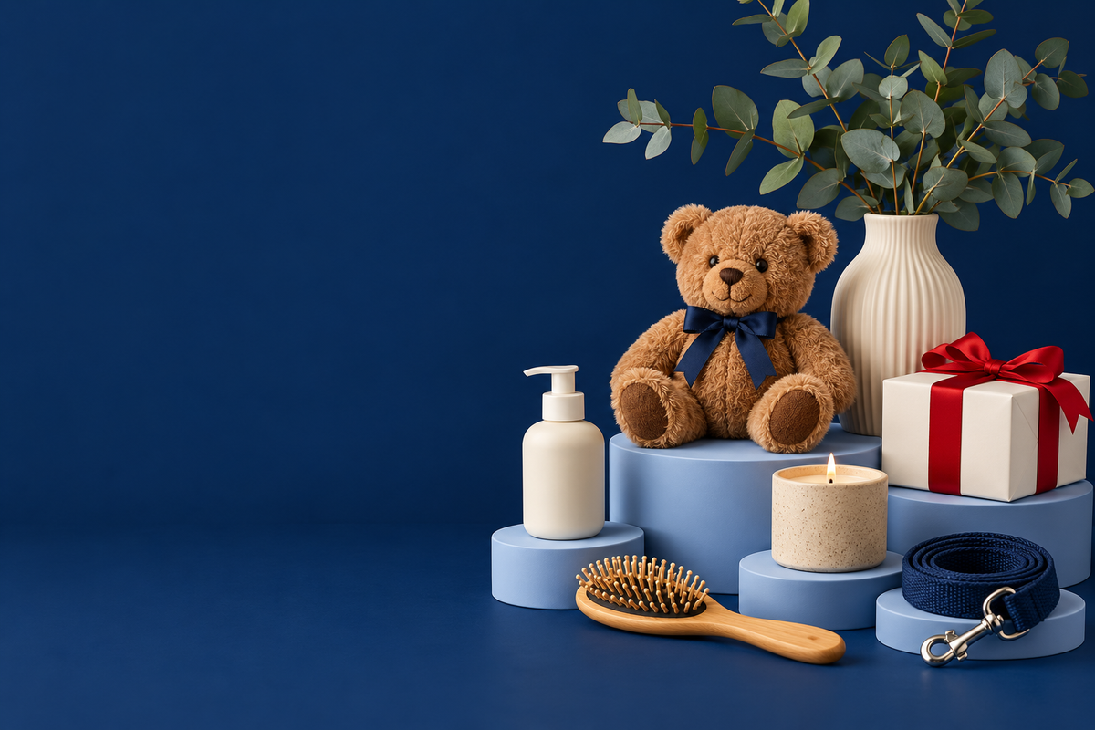 Home, beauty, toys, gifts and pet accessories arranged on blue display stands