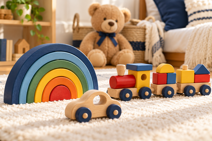 Wooden rainbow, toy train and car