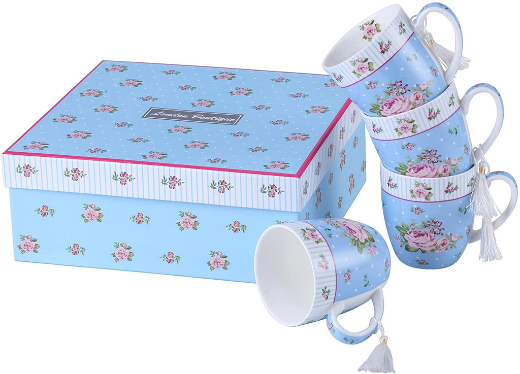 Cups Mugs Set 4 Fine China Shabby Chic Vintage Retro Design in Gift Box 330ML (Rose Blue)