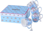 Cups Mugs Set 4 Fine China Shabby Chic Vintage Retro Design in Gift Box 330ML (Rose Blue)