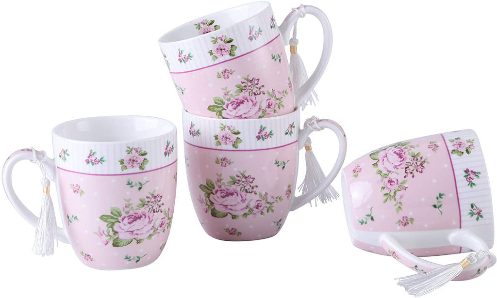 Cups Mugs Set 4 Fine China Shabby Chic Vintage Retro Design in Gift Box 330ML (Rose Pink)