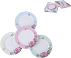 Porcelain Side Dessert Plates 7 Inches Wide Rimmed Shabby Chic Vintage Bird Butterly Floral Set 4 in Gift Box (1 Set)