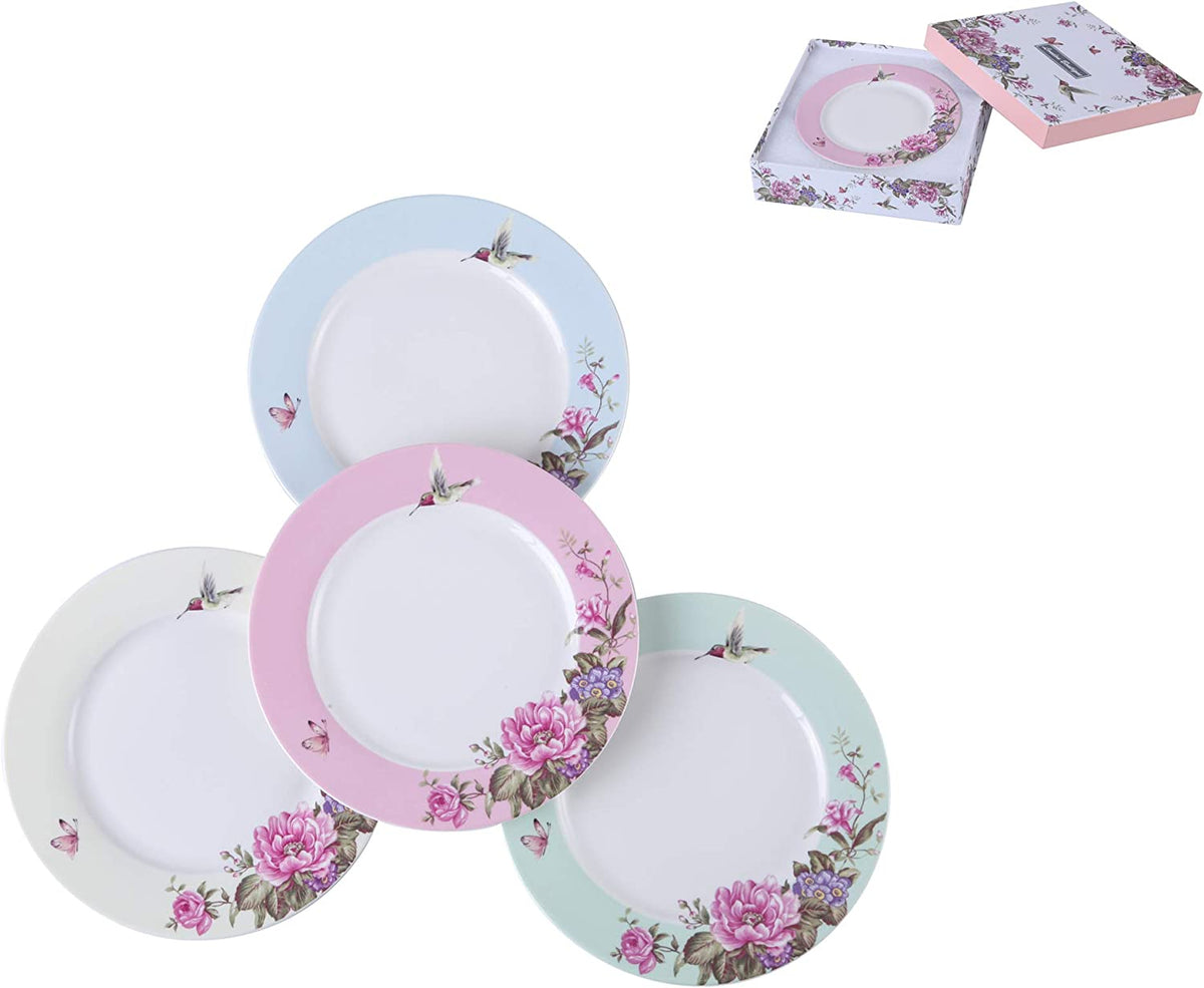 Porcelain Side Dessert Plates 7 Inches Wide Rimmed Shabby Chic Vintage Bird Butterly Floral Set 4 in Gift Box (1 Set)