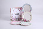 Porcelain Side Dessert Plates 7 Inches Wide Rimmed Shabby Chic Vintage Bird Butterly Floral Set 4 in Gift Box (3 Sets)