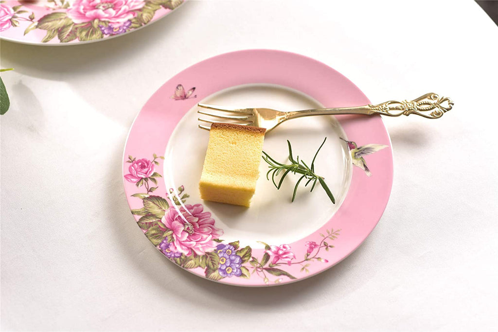 Porcelain Side Dessert Plates 7 Inches Wide Rimmed Shabby Chic Vintage Bird Butterly Floral Set 4 in Gift Box (1 Set)
