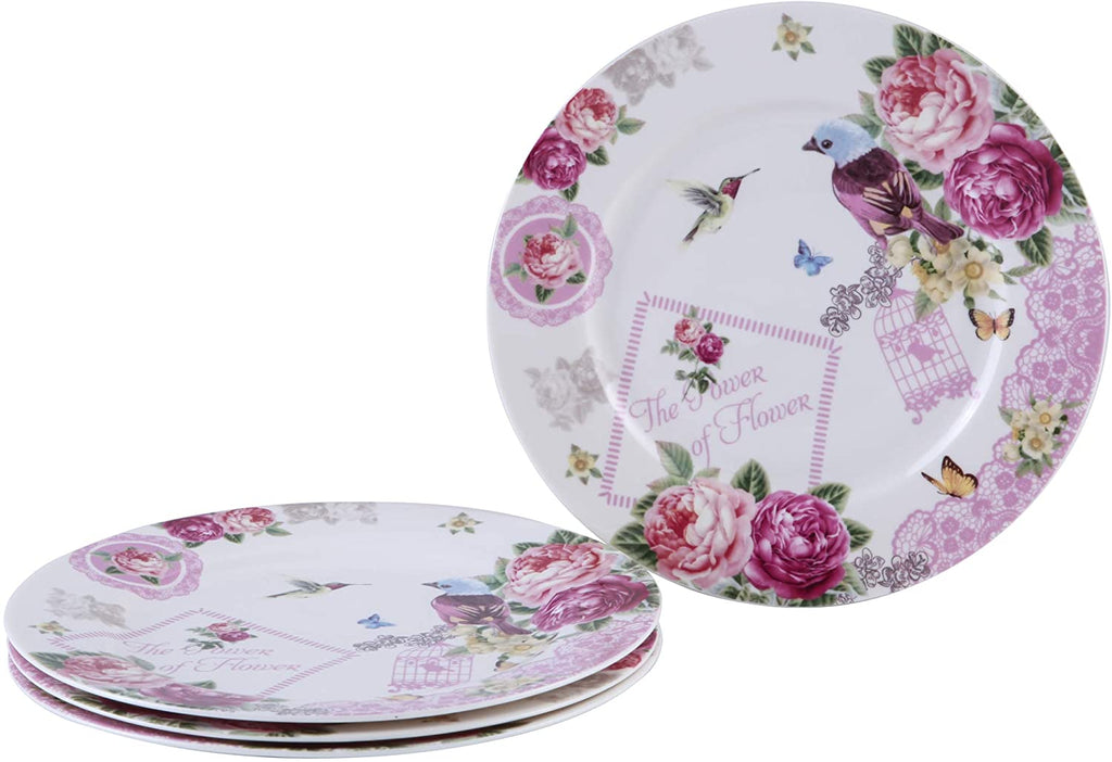 Porcelain Fine China Soup Pasta Bowls Wide Rimmed Set 4 Gift Box 9 inch 23cm (Bird Rose Butterfly)