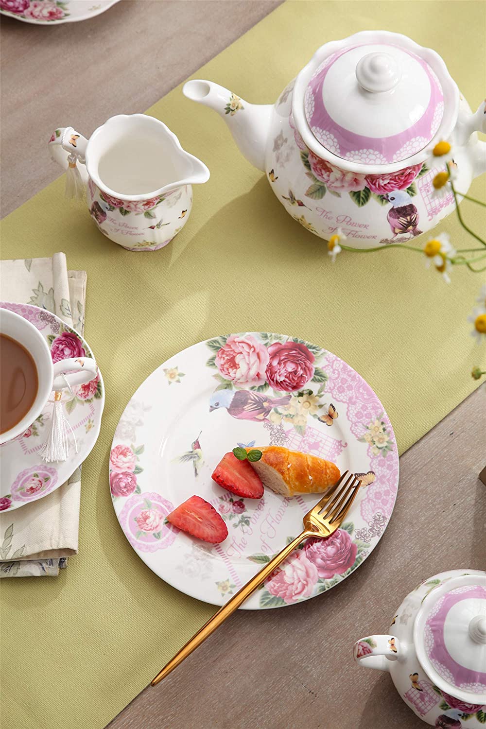 London Boutique Cake Plate Set 4 Porcelain Fine China Wide Rimmed Shabby Chic (Bird Rose Butterfly)