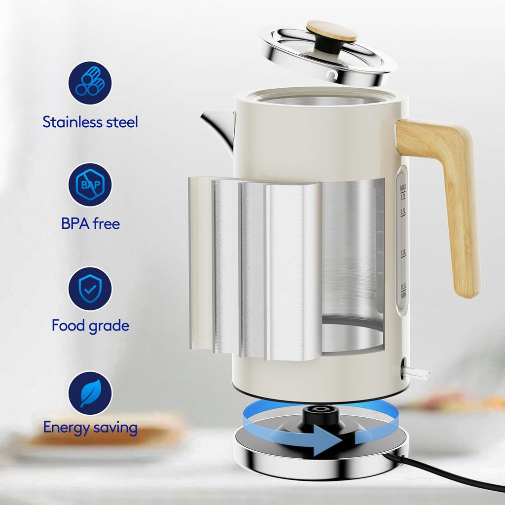 Stainless Steel Fast Boil Kettle, Cordless Kettles Electric, 3KW Quiet Boil Kettle, White Wood Effect Electric Tea Kettle, Water Kettle