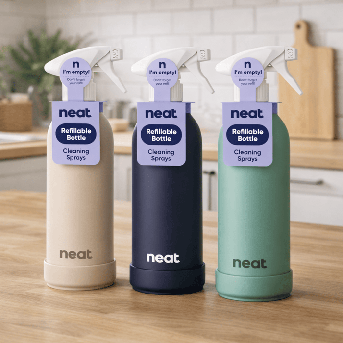 Neat Refillable Cleaning Spray Bottle – Recycled Aluminium, 470ml (Stone, Midnight, Sage)