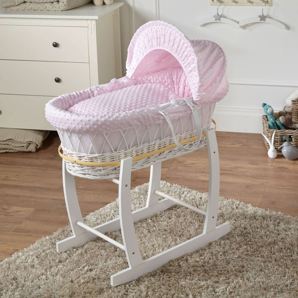 Pink Dimple White Wicker Baby Moses Basket With Stand