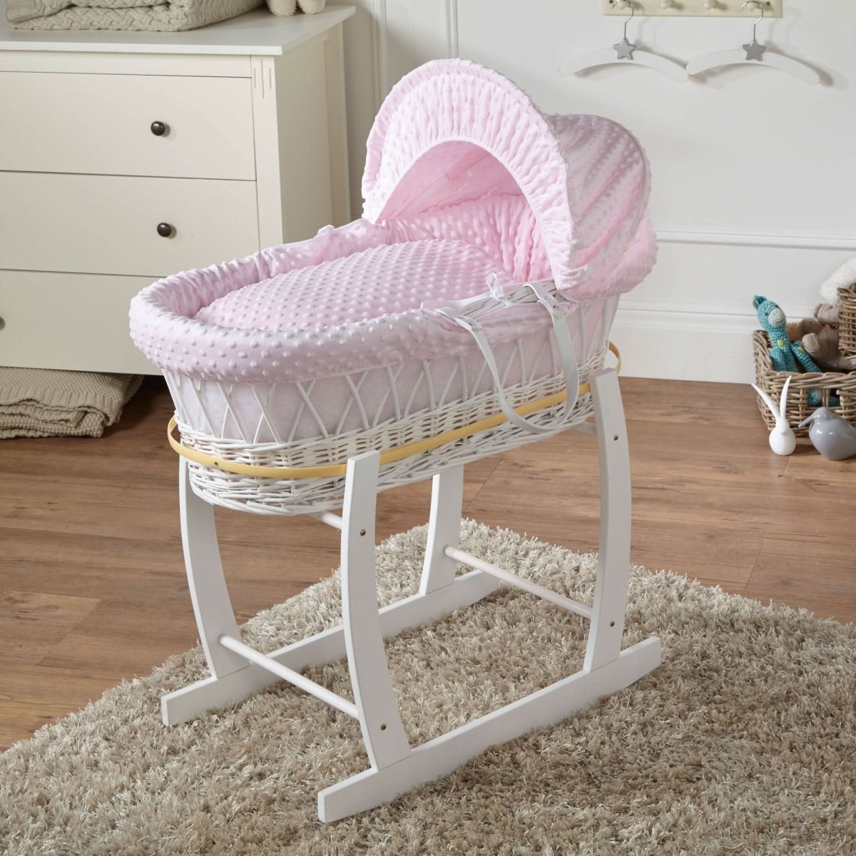 Pink Dimple White Wicker Baby Moses Basket With Stand