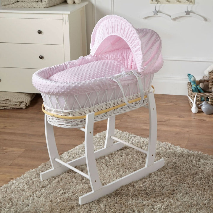 Pink Dimple White Wicker Baby Moses Basket With Stand