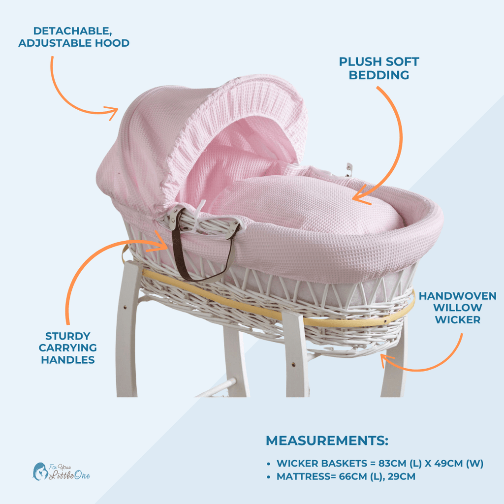 Blue Dimple White Wicker Baby Moses Basket With Stand