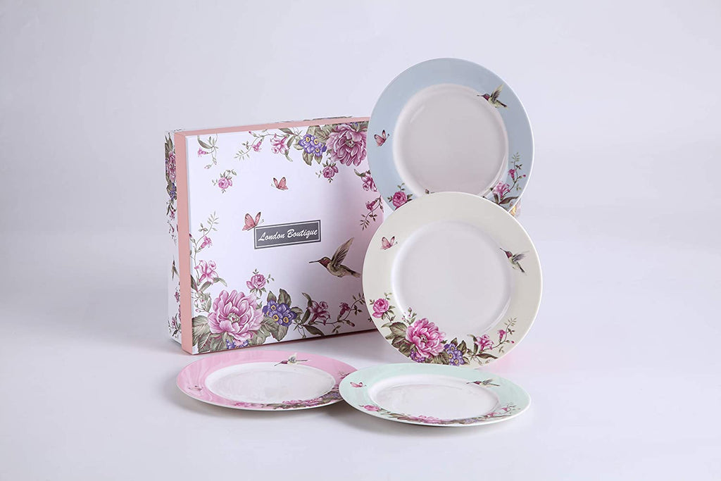 Porcelain Side Dessert Plates 7 Inches Wide Rimmed Shabby Chic Vintage Bird Butterly Floral Set 4 in Gift Box (1 Set)
