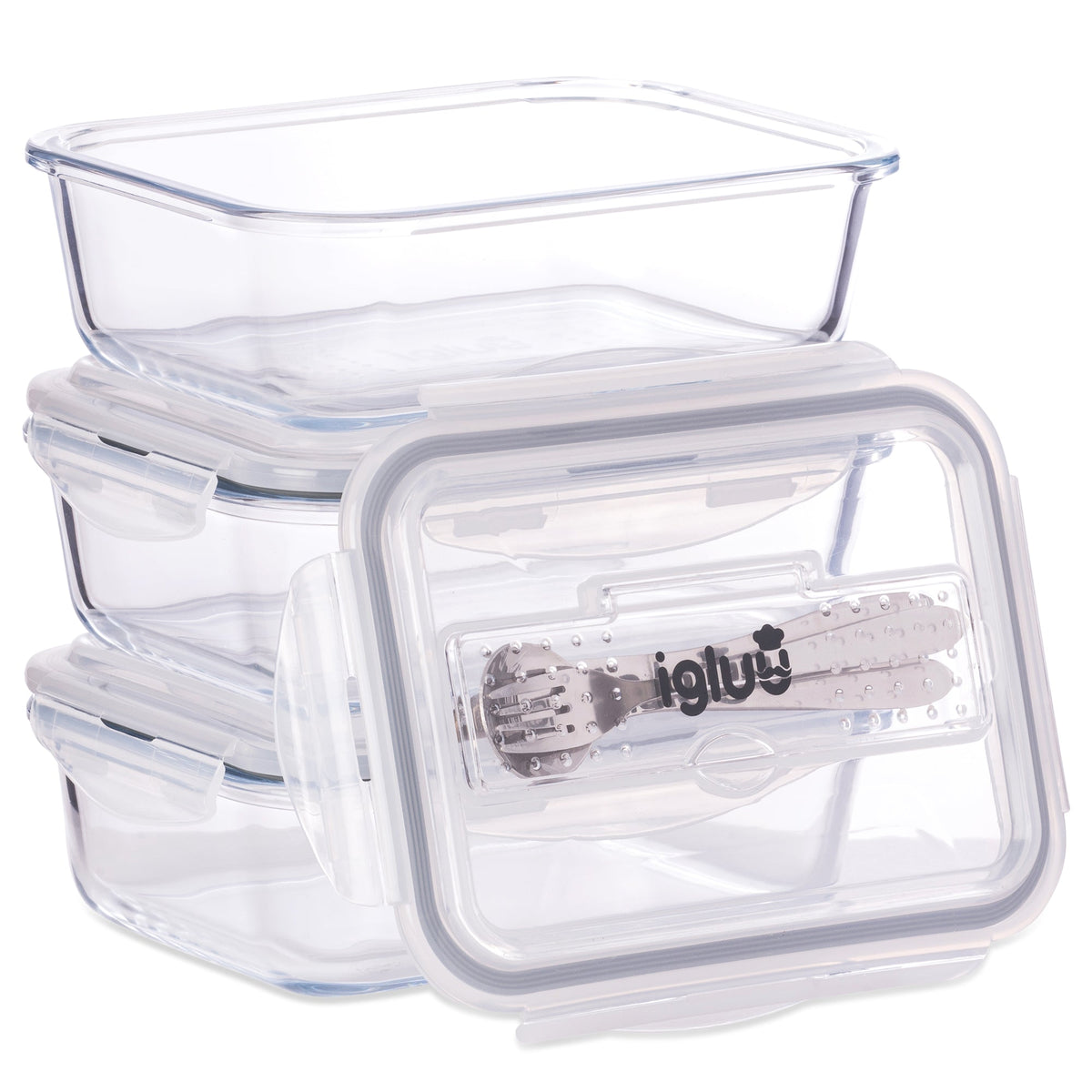 Glass Containers with Cutlery Lid - 1050 ml - 3 PACK