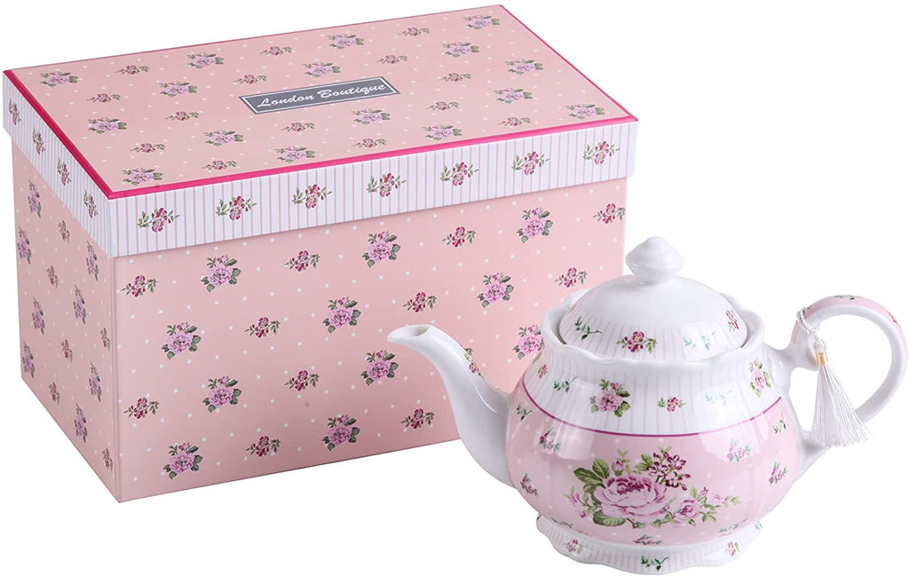 Porcelain Teapot Sets Teapot Sugar Bowl and Cream Milk Jug Shabby Chic Vintage Floral in Gift Box (Pink)