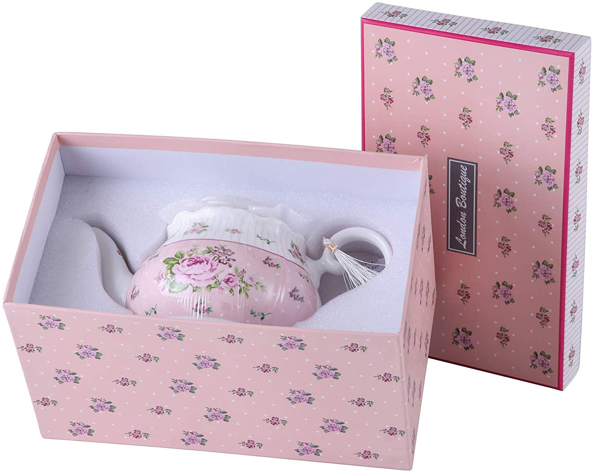 Porcelain Teapot Sets Teapot Sugar Bowl and Cream Milk Jug Shabby Chic Vintage Floral in Gift Box (Pink)