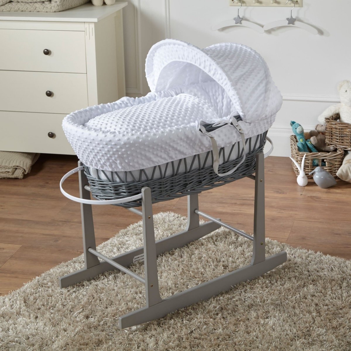 White Dimple Grey Wicker Baby Moses Basket With Stand