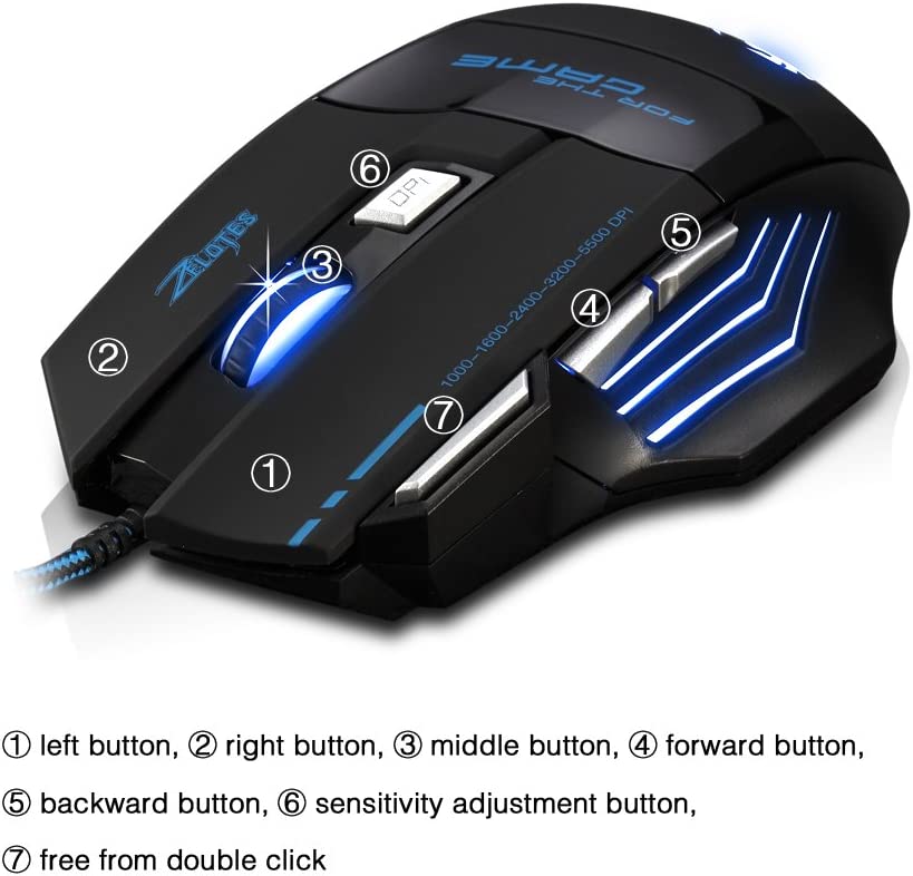 Wired Gaming Mouse ZELOTES Professional LED Optical 7200 DPI 6 Button USB